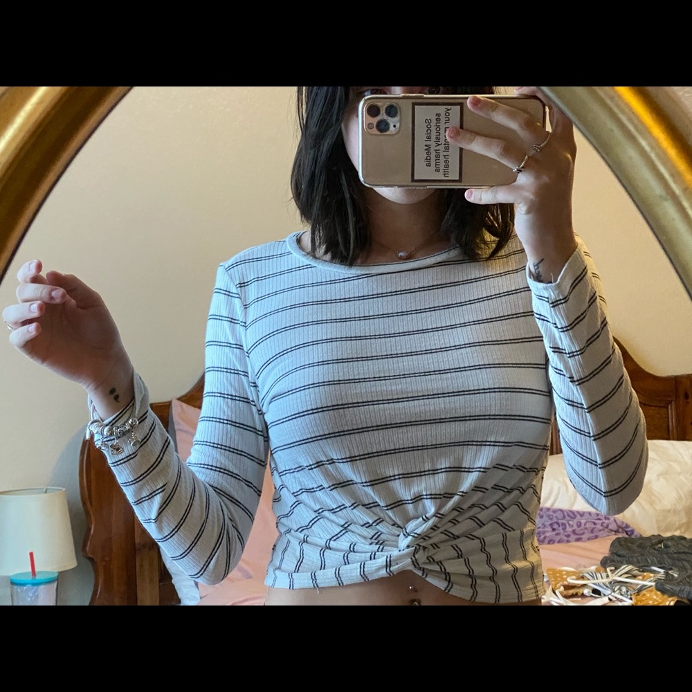 white and black striped long sleeve crop top